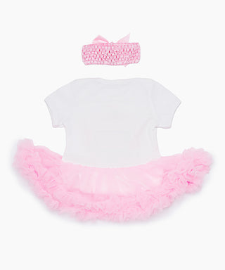 White and pink tutu dress with cup cake corsage work and headband set for baby girls