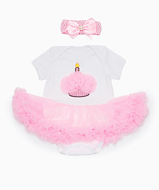 White and pink tutu dress with cup cake corsage work and headband set for baby girls