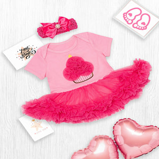 Pink tutu dress with cup cake corsage work and headband set for baby girls