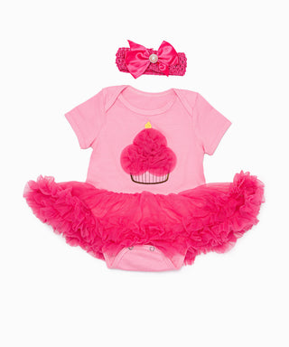Pink tutu dress with cup cake corsage work and headband set for baby girls