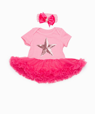 Star applique work pink tutu dress with headband set for baby girls