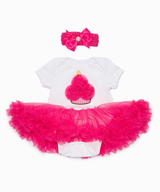 White tutu dress with cup cake corsage work and headband set for baby girls