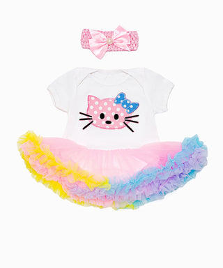 Kitty applique work frilled tutu dress with headband set for baby girls