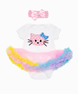 Kitty applique work frilled tutu dress with headband set for baby girls