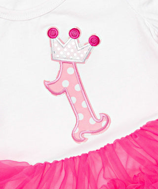 1st birthday applique  work frilled tutu dress with headband set for baby girls- white and rose pink