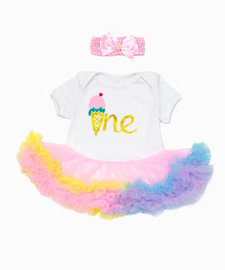 One printed birthday tutu dress with headband set for baby girls