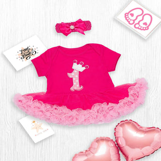 1st birthday applique  work frilled tutu dress with headband set for baby girls - Rose pink
