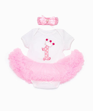 1st birthday applique  work frilled tutu dress with headband set for baby girls - white and pink