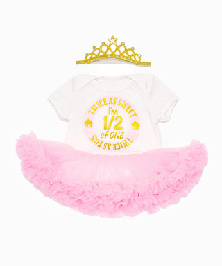 Twice as sweet twice as fun half birthday printed tutu dress with headband dress for baby girls