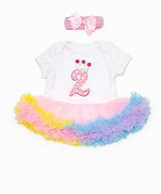2nd birthday applique  work frilled tutu dress with headband set for baby girls