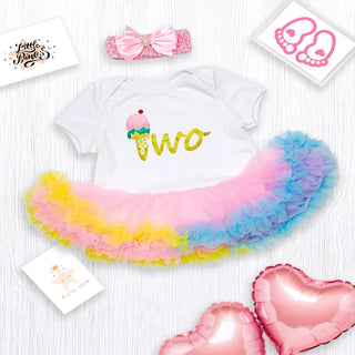 Two printed birthday tutu dress with headband set for baby girls