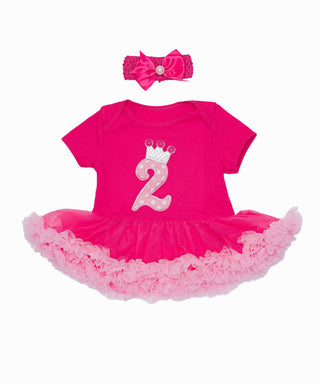 2nd birthday applique  work frilled tutu dress with headband set for baby girls -rose pink
