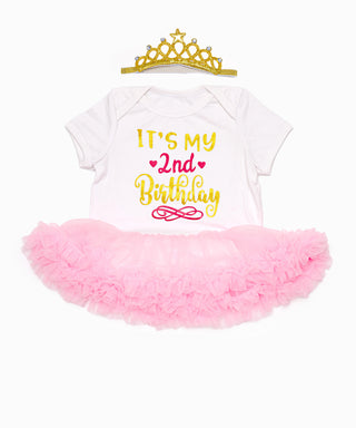 Its my 2nd birthday golden foil printed tutu dress with headband for baby girls- white and pink