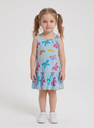 Girls Blue Butterfly Print Summer Dress