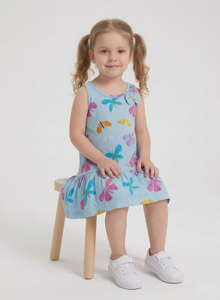 Girls Blue Butterfly Print Summer Dress