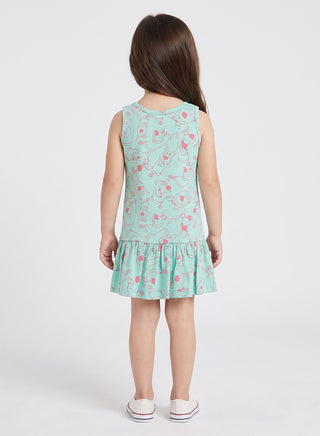 Girls Mint Cartoon  Print Sleeveless Summer Dress