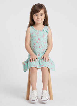 Girls Mint Cartoon  Print Sleeveless Summer Dress