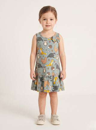 Girls Grey Forest Animal Print Summer Dress