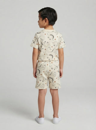 Boys Beige Dinosaur Print T-Shirt and Shorts Co-ord Set