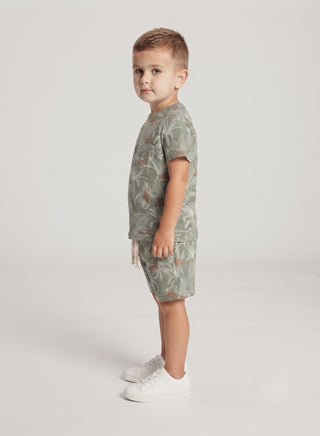 Boys Olive Green Tropical Print T-Shirt and Shorts Set