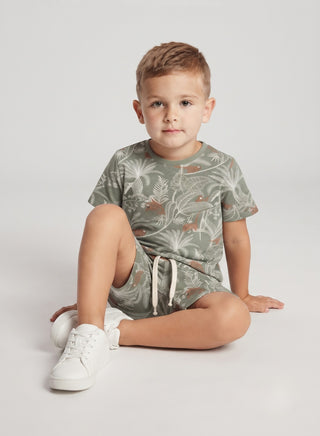 Boys Olive Green Tropical Print T-Shirt and Shorts Set