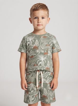 Boys Olive Green Tropical Print T-Shirt and Shorts Set