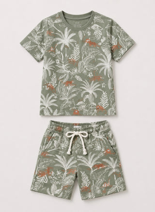 Boys Olive Green Tropical Print T-Shirt and Shorts Set