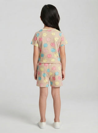 Girls Beige Pastel Flower Print Co-ord Set