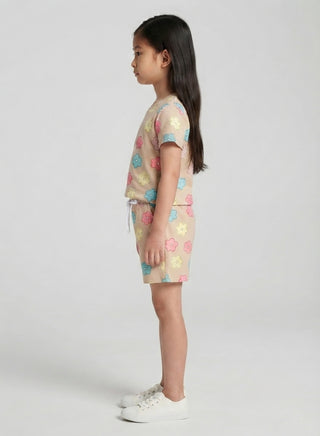 Girls Beige Pastel Flower Print Co-ord Set