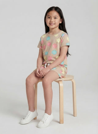 Girls Beige Pastel Flower Print Co-ord Set