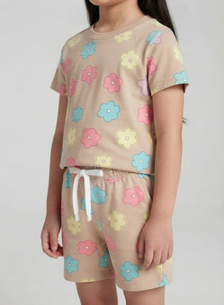 Girls Beige Pastel Flower Print Co-ord Set