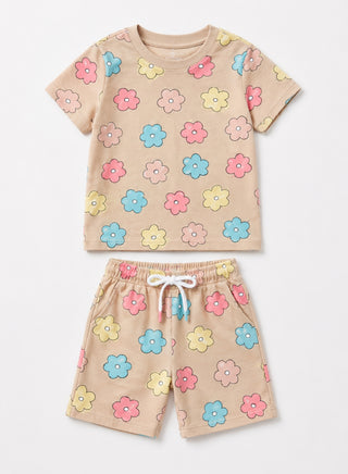 Girls Beige Pastel Flower Print Co-ord Set