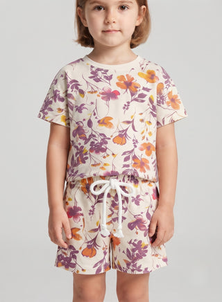 Girls White Floral Print T-Shirt and Shorts Set