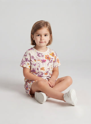 Girls White Floral Print T-Shirt and Shorts Set