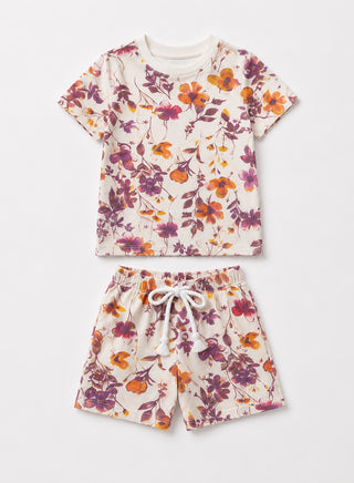 Girls White Floral Print T-Shirt and Shorts Set