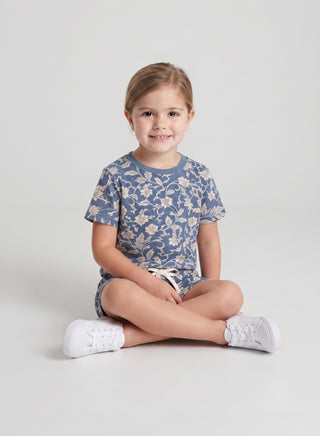 Girls Blue Floral Print T-Shirt and Shorts Set