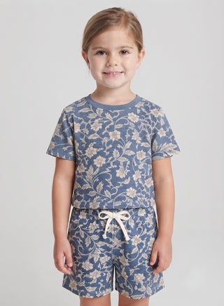 Girls Blue Floral Print T-Shirt and Shorts Set
