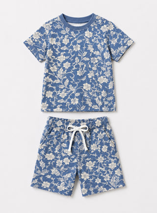 Girls Blue Floral Print T-Shirt and Shorts Set