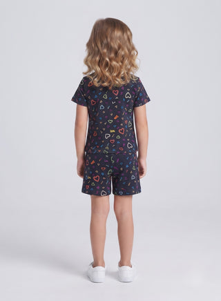 Girls Navy Multicolor Heart Print Co-ord Set