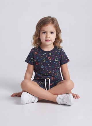 Girls Navy Multicolor Heart Print Co-ord Set