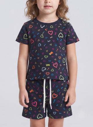 Girls Navy Multicolor Heart Print Co-ord Set