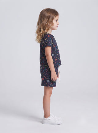 Girls Navy Multicolor Heart Print Co-ord Set