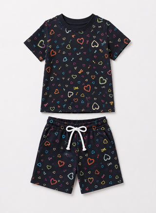 Girls Navy Multicolor Heart Print Co-ord Set