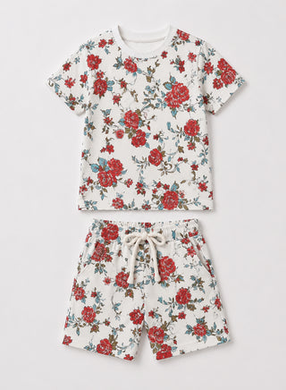 Girls White Red Floral Print Co-ord Set