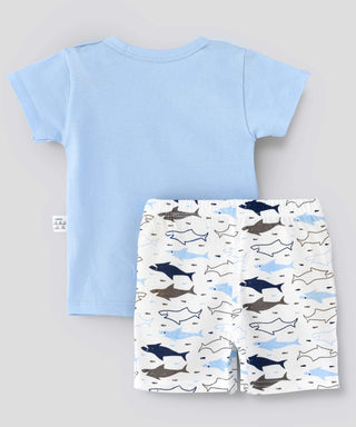 Babyqlo Hello Baby Shark Printed Tee with Shorts Set - Sky