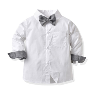 White shirt with grey pant set with bow tie and suspender