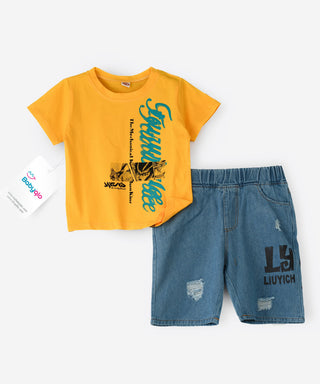 Printed yellow t-shirt with denim shorts set for boys