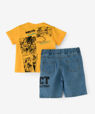 Printed yellow t-shirt with denim shorts set for boys