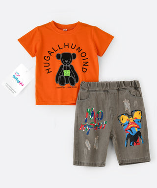 Printed orange t-shirt with denim shorts set for boys