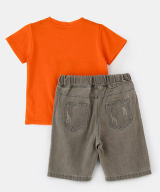 Printed orange t-shirt with denim shorts set for boys